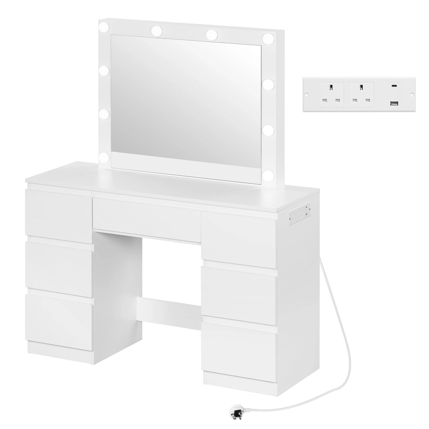 Coiffeuse avec miroir LED & prises – Bureau de maquillage moderne à 7 tiroirs