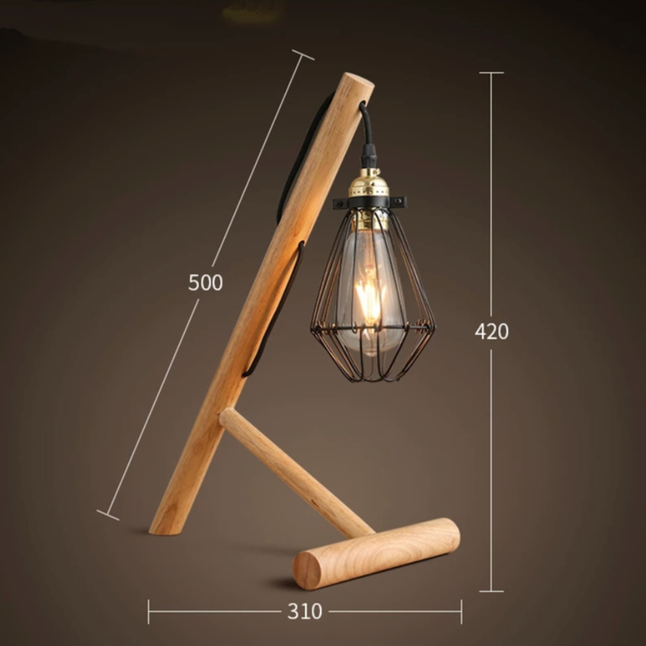 Lampe de bureau ou chevet avec pied en bois et lampe en cage métal