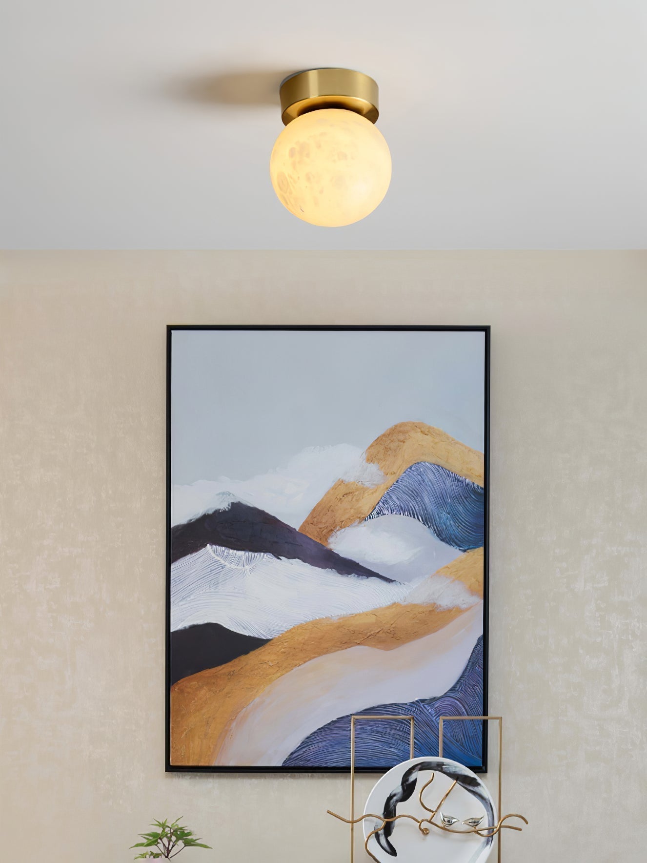 Plafonnier Moon Glow en Albâtre et Laiton - Éclairage LED Doux et Élégant pour Salon et Chambre