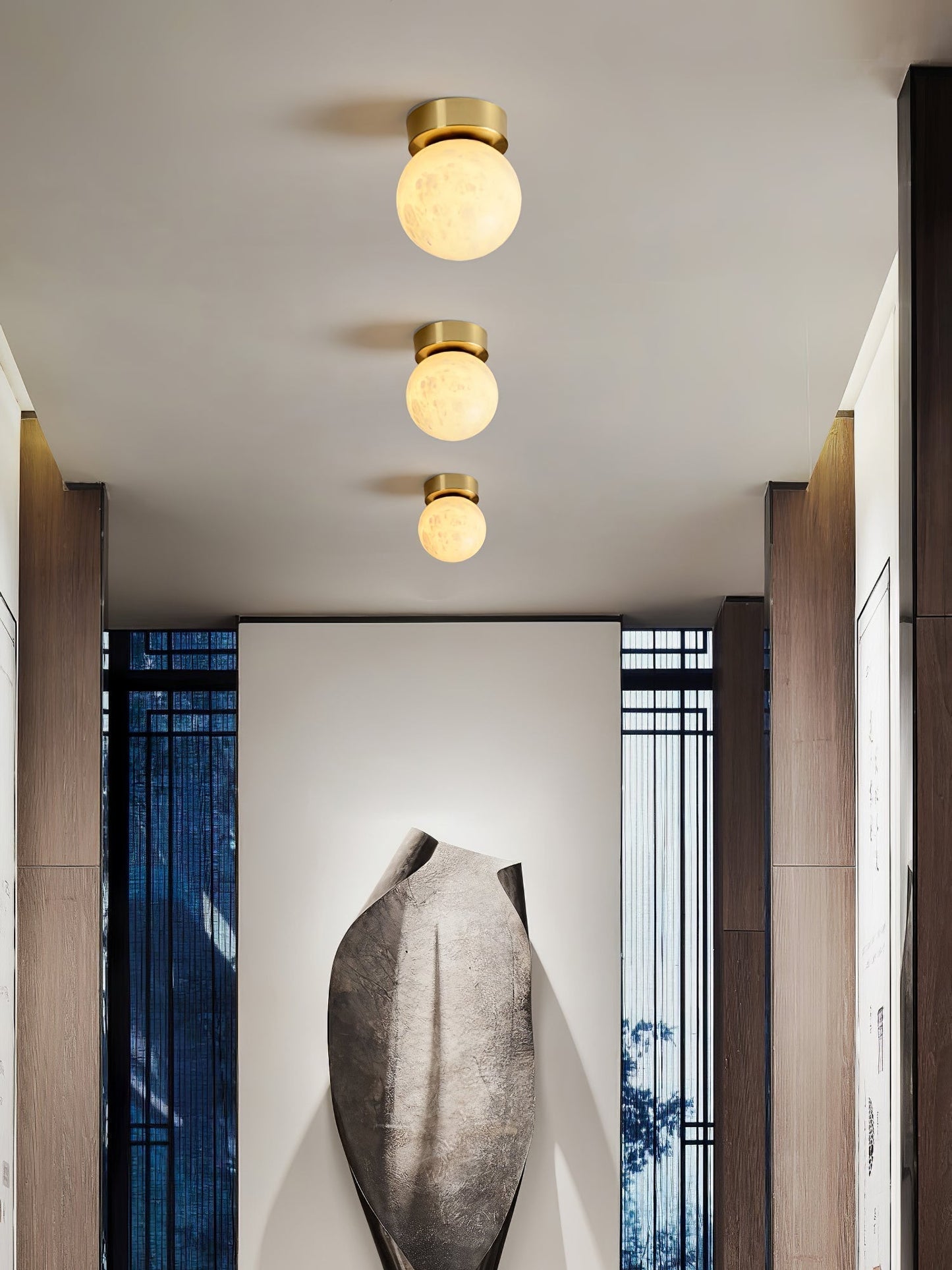 Plafonnier Moon Glow en Albâtre et Laiton - Éclairage LED Doux et Élégant pour Salon et Chambre