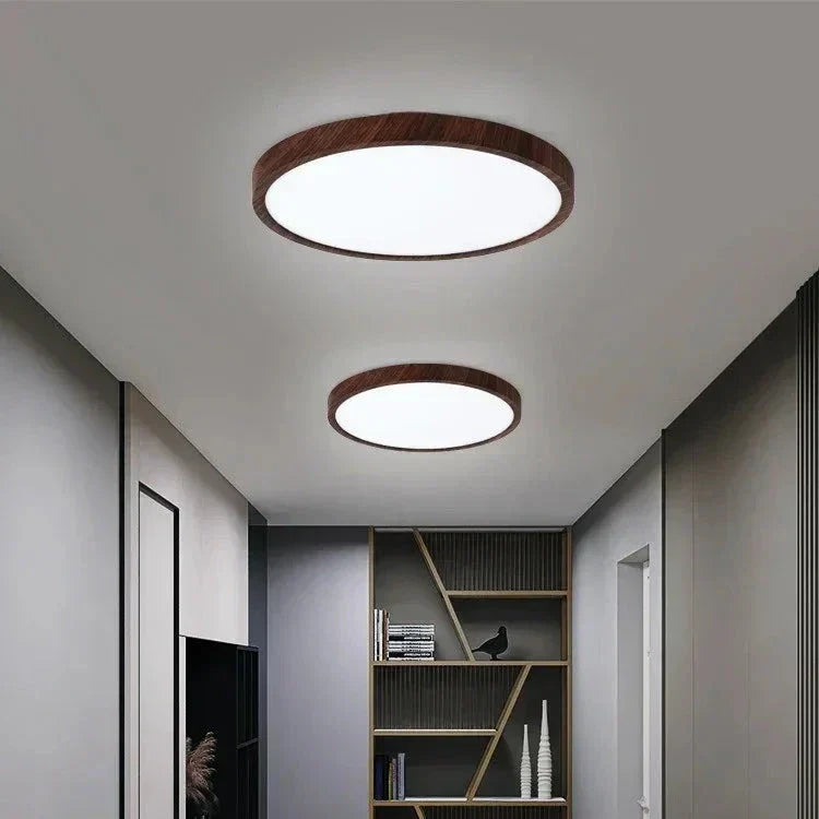 Plafonnier Circulaire Ultra-Fin – Design Minimaliste avec Finition en Noyer et Éclairage LED Réglable