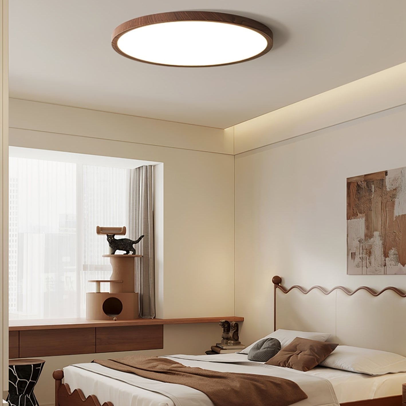 Plafonnier Circulaire Ultra-Fin en Acrylique – Éclairage LED Doux et Moderne avec Effet Bois de Noyer