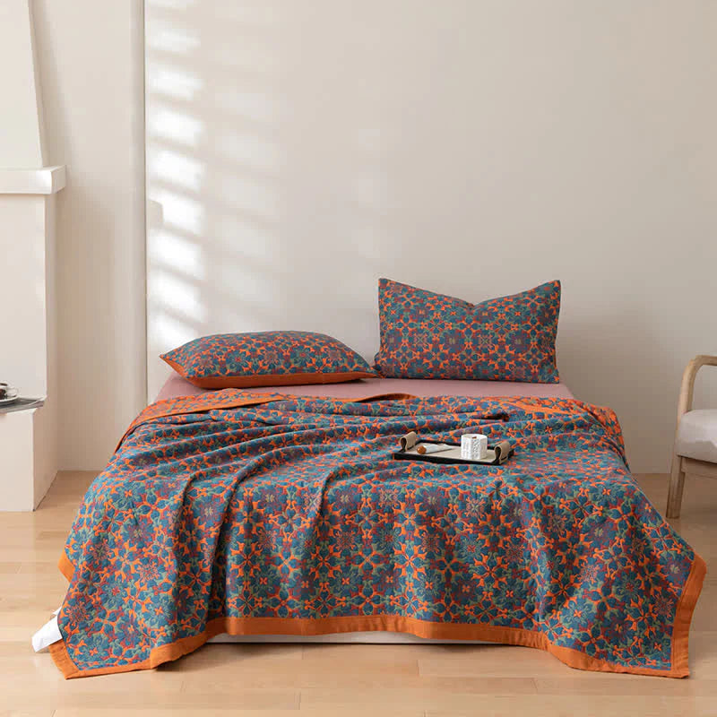 Couverture en Coton à Six Couches avec Motif Orange et Bleu