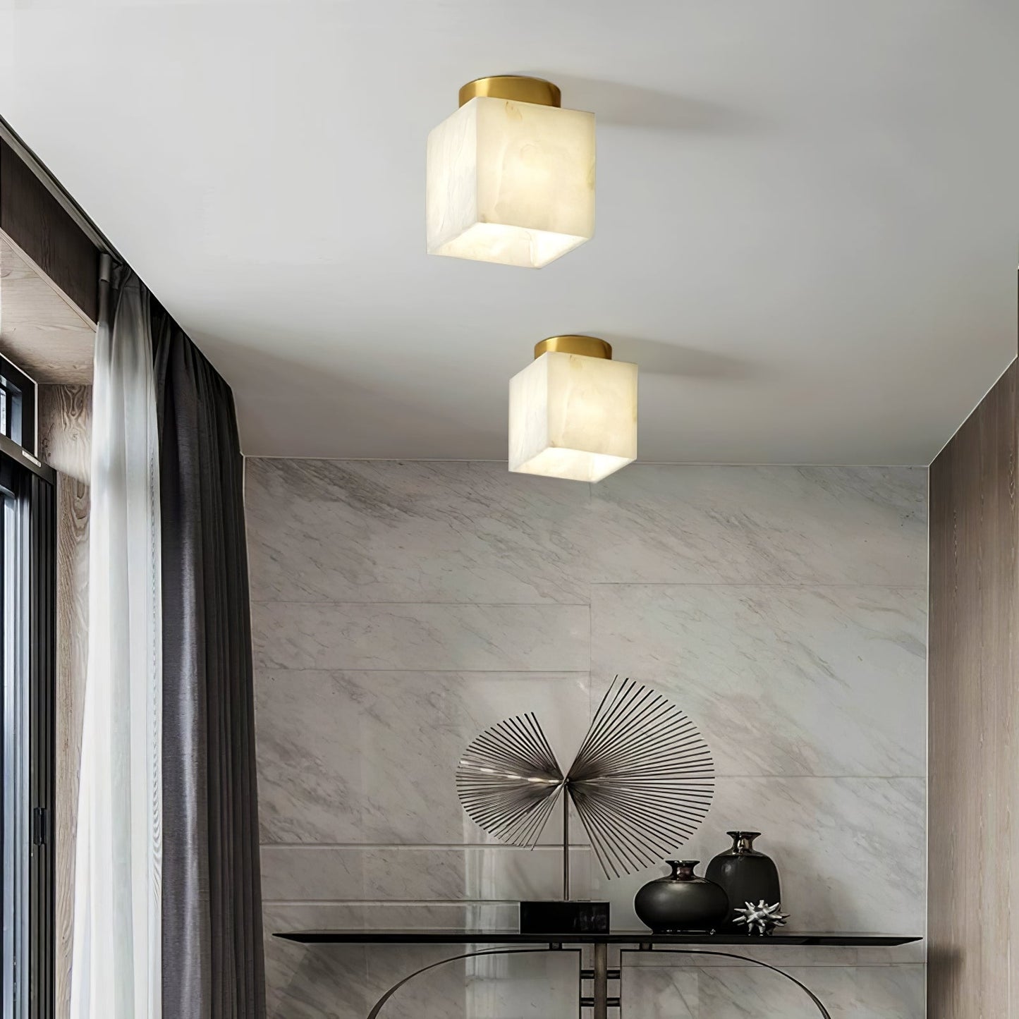 Plafonnier Moon Glow en Albâtre et Laiton - Éclairage LED Doux et Élégant pour Salon et Chambre