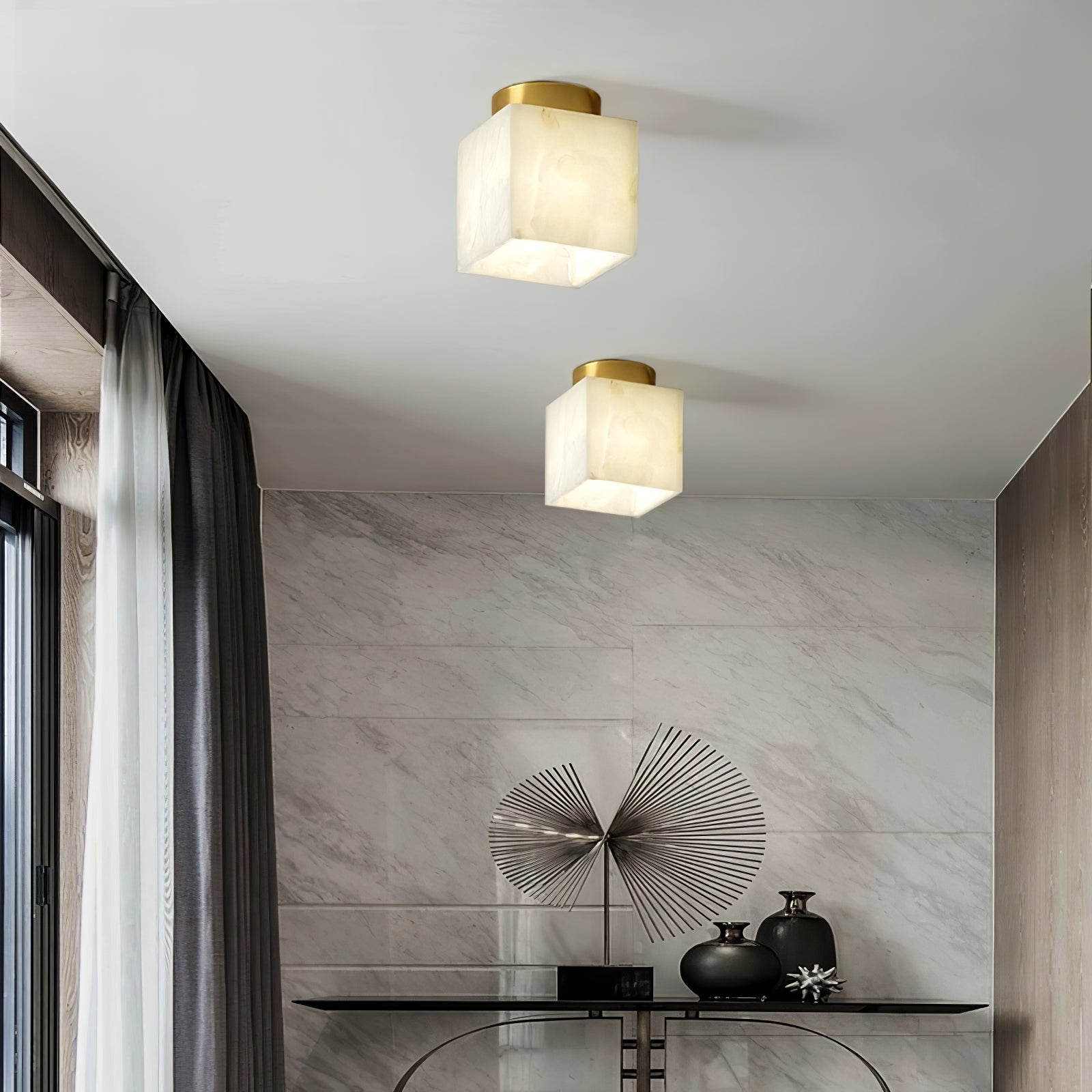 Plafonnier Moon Glow en Albâtre et Laiton - Éclairage LED Doux et Élégant pour Salon et Chambre