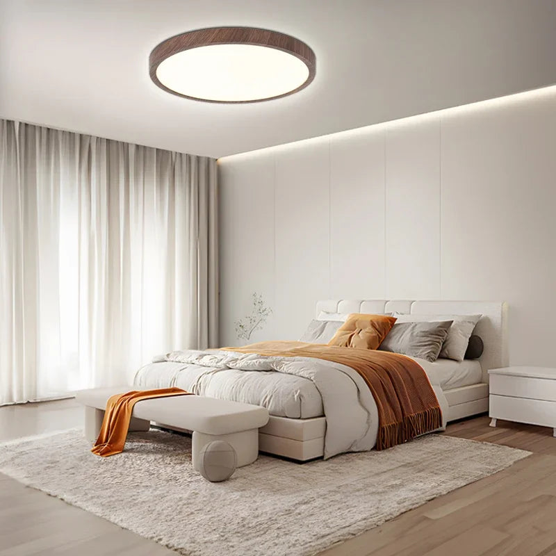 Plafonnier Circulaire Ultra-Fin – Design Minimaliste avec Finition en Noyer et Éclairage LED Réglable