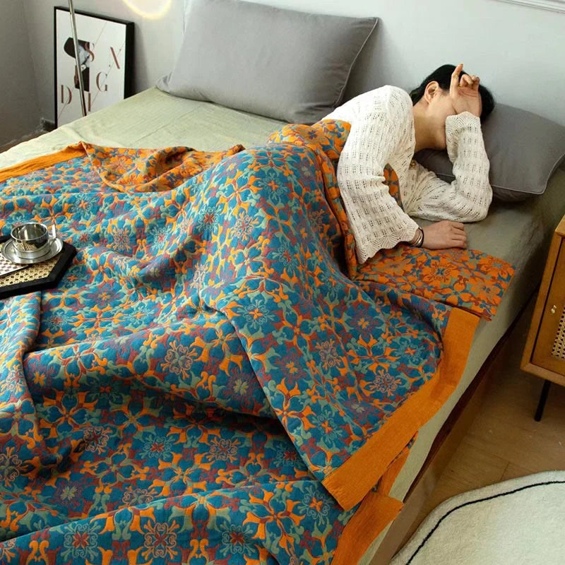 Couverture en Coton à Six Couches avec Motif Orange et Bleu