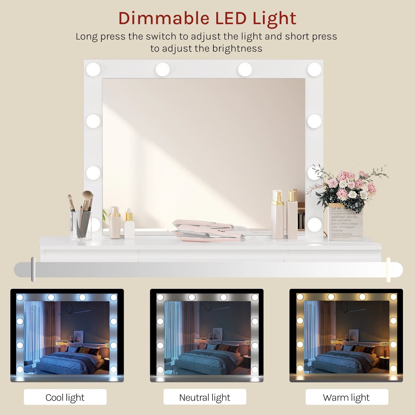 Coiffeuse avec miroir LED & prises – Bureau de maquillage moderne à 7 tiroirs