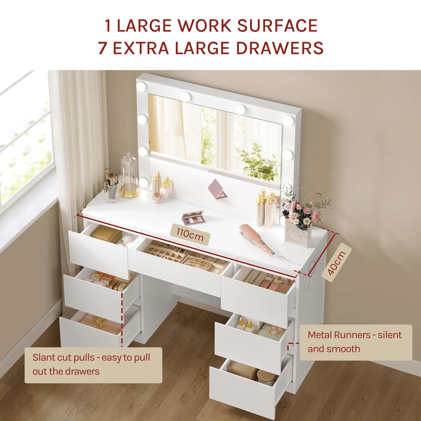 Coiffeuse avec miroir LED & prises – Bureau de maquillage moderne à 7 tiroirs