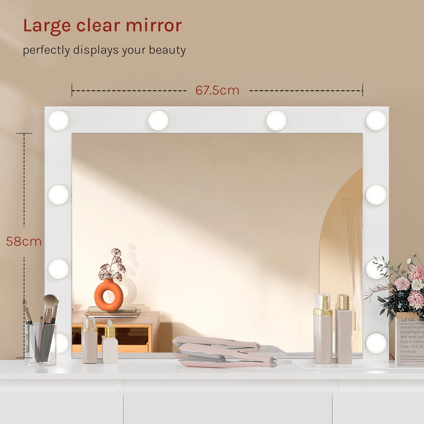 Coiffeuse avec miroir LED & prises – Bureau de maquillage moderne à 7 tiroirs