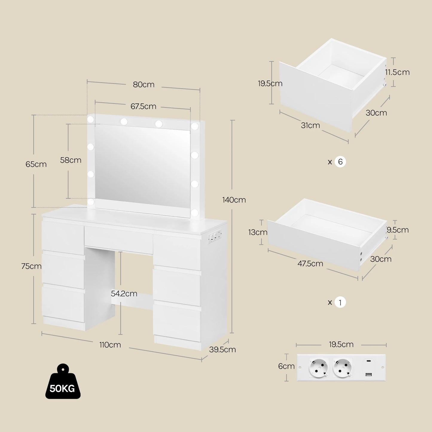 Coiffeuse avec miroir LED & prises – Bureau de maquillage moderne à 7 tiroirs