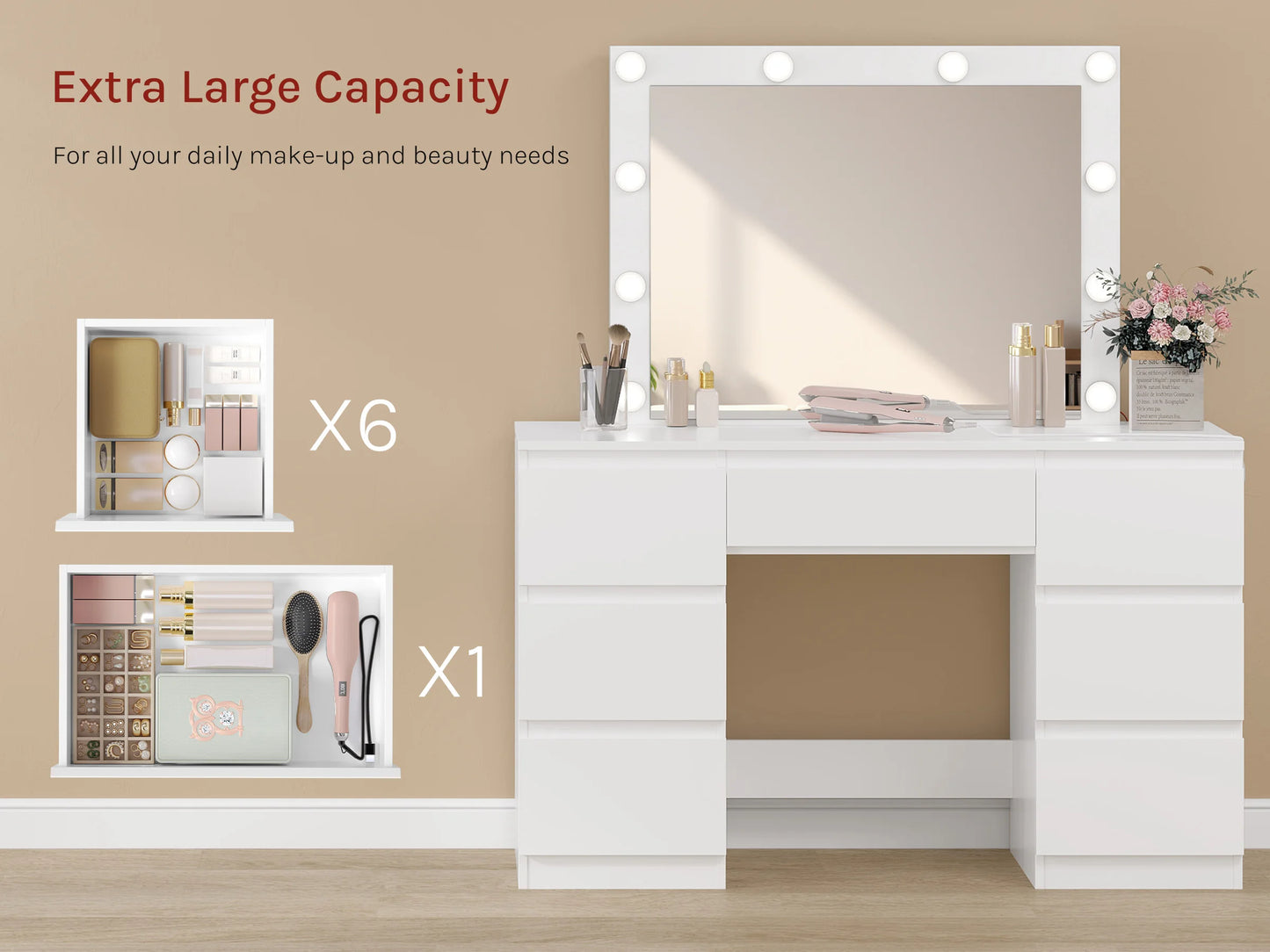 Coiffeuse avec miroir LED & prises – Bureau de maquillage moderne à 7 tiroirs
