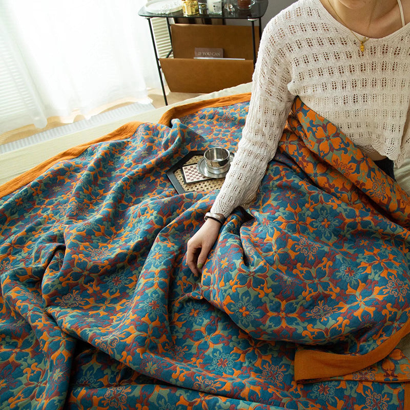 Couverture en Coton à Six Couches avec Motif Orange et Bleu