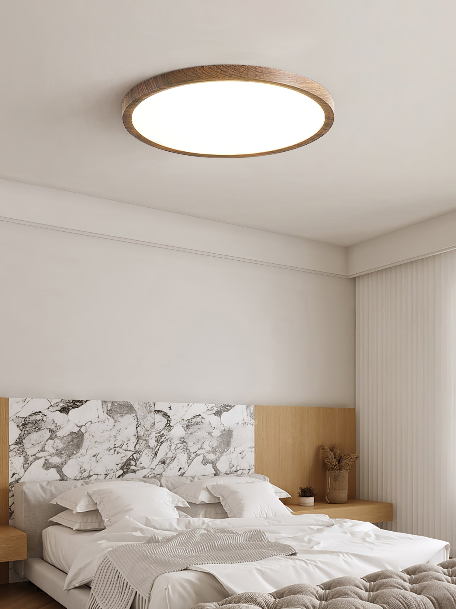 Plafonnier Circulaire Ultra-Fin en Acrylique – Éclairage LED Doux et Moderne avec Effet Bois de Noyer
