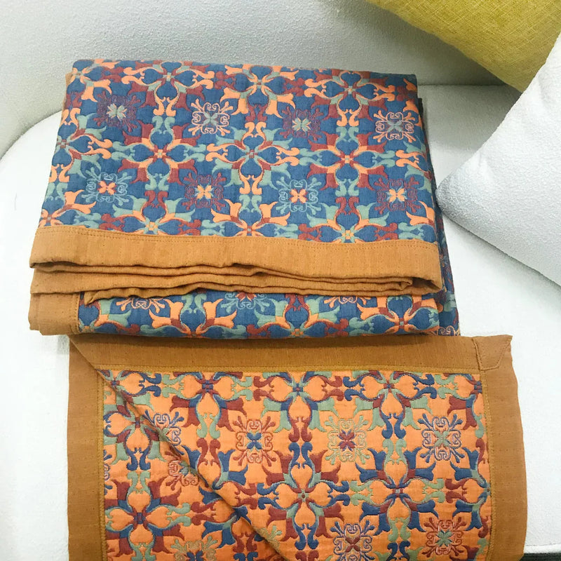 Couverture en Coton à Six Couches avec Motif Orange et Bleu