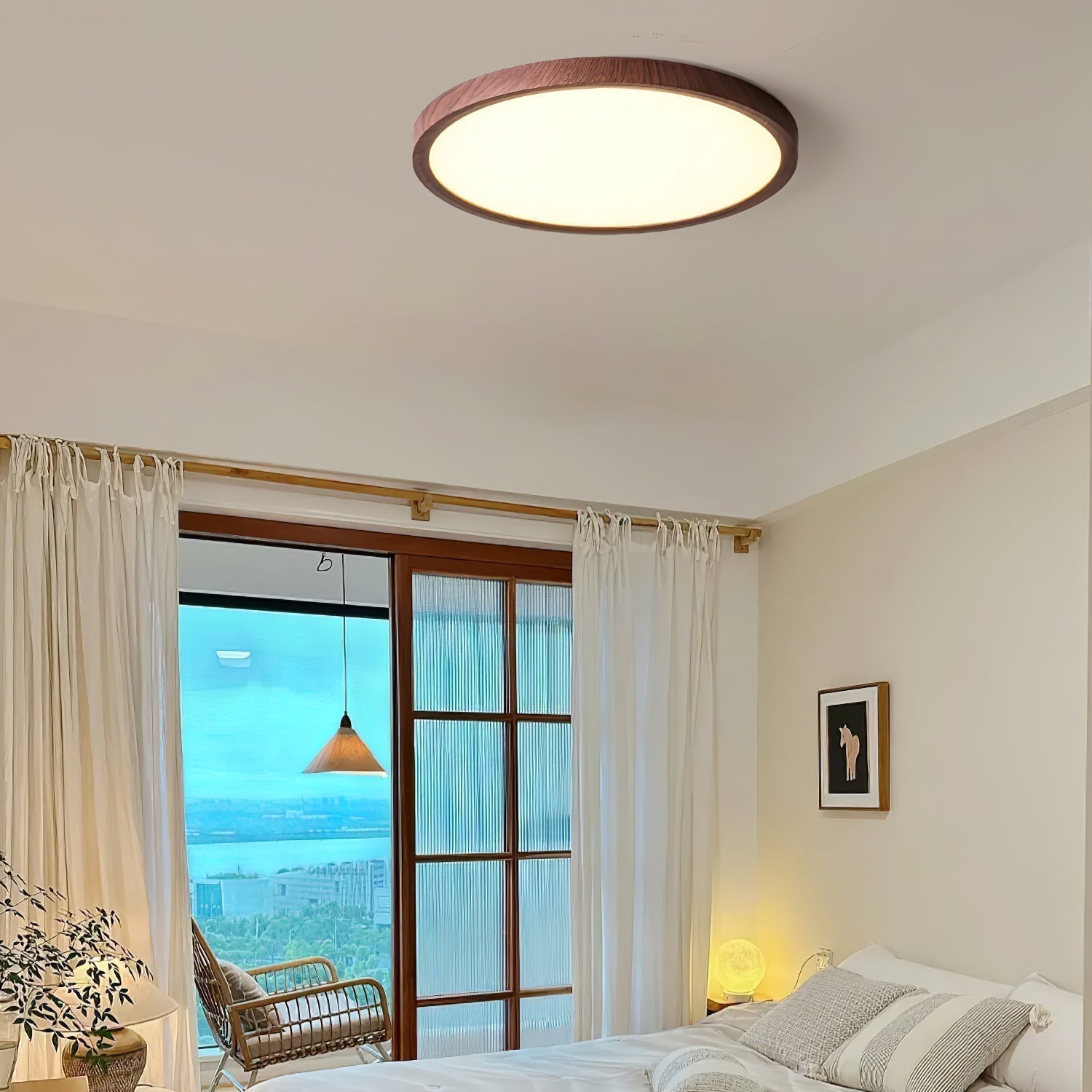 Plafonnier Circulaire Ultra-Fin en Acrylique – Éclairage LED Doux et Moderne avec Effet Bois de Noyer