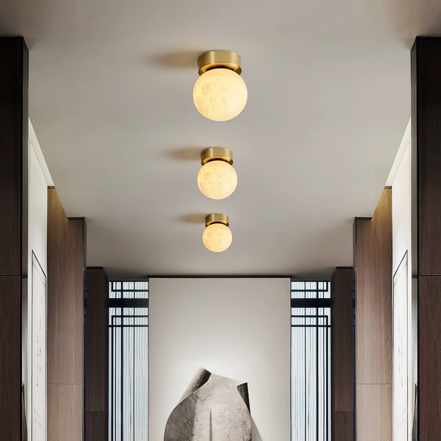 Plafonnier Moon Glow en Albâtre et Laiton - Éclairage LED Doux et Élégant pour Salon et Chambre